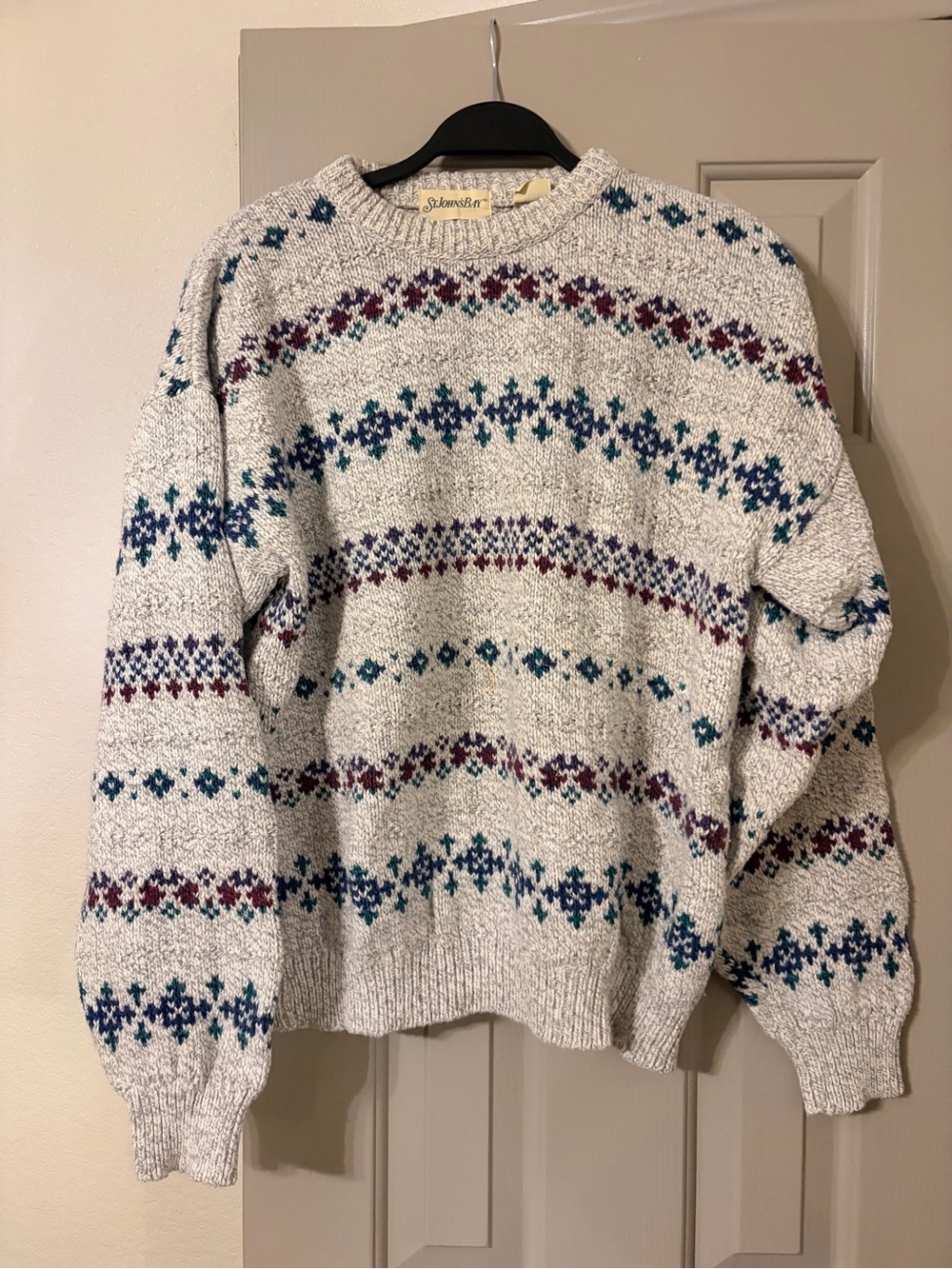 St. John's Bay Gray Crewneck Sweater with Teal & Burgundy Fair Isle